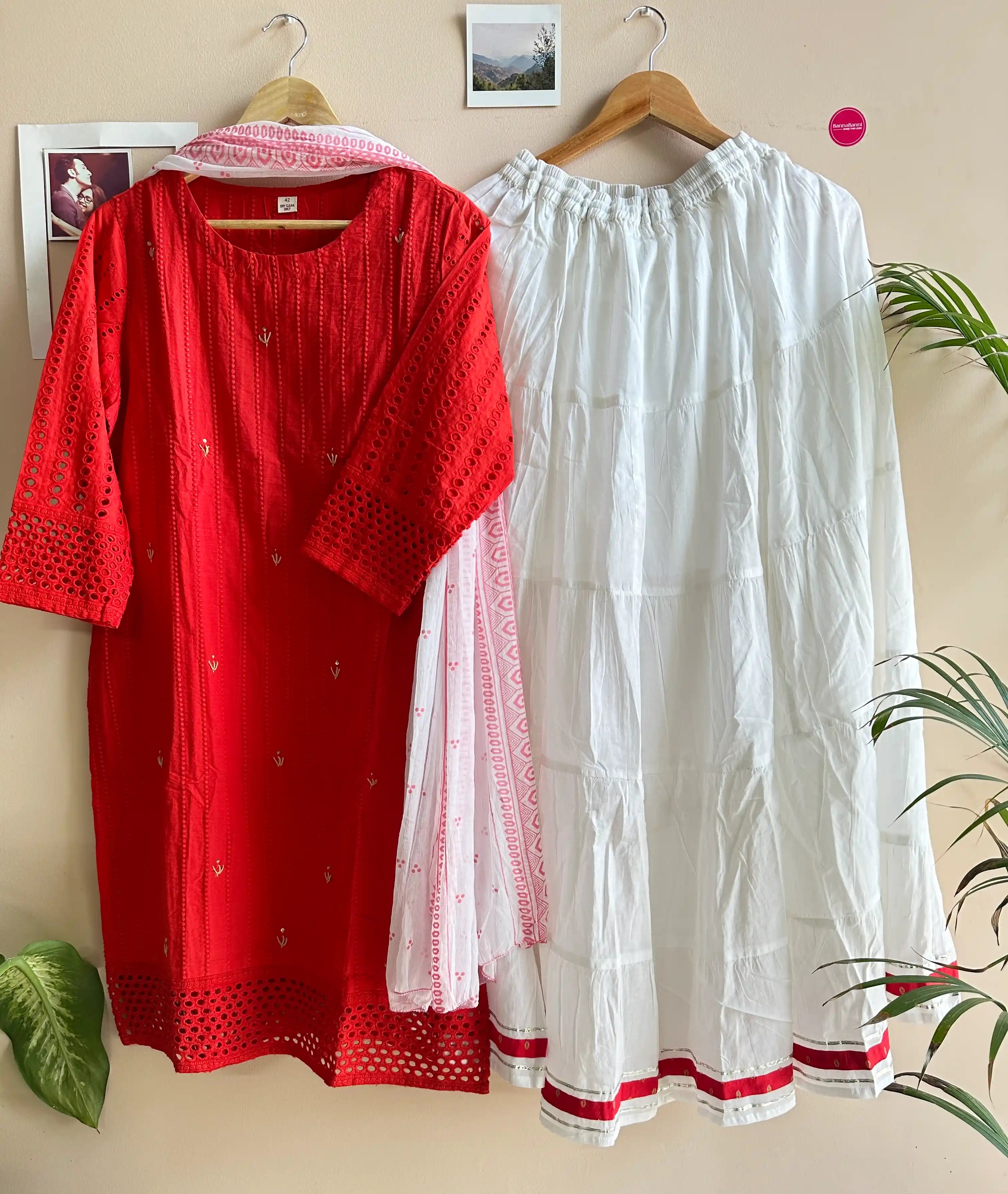 Elegant Cotton Kurta Set: With Dupatta & Skirt