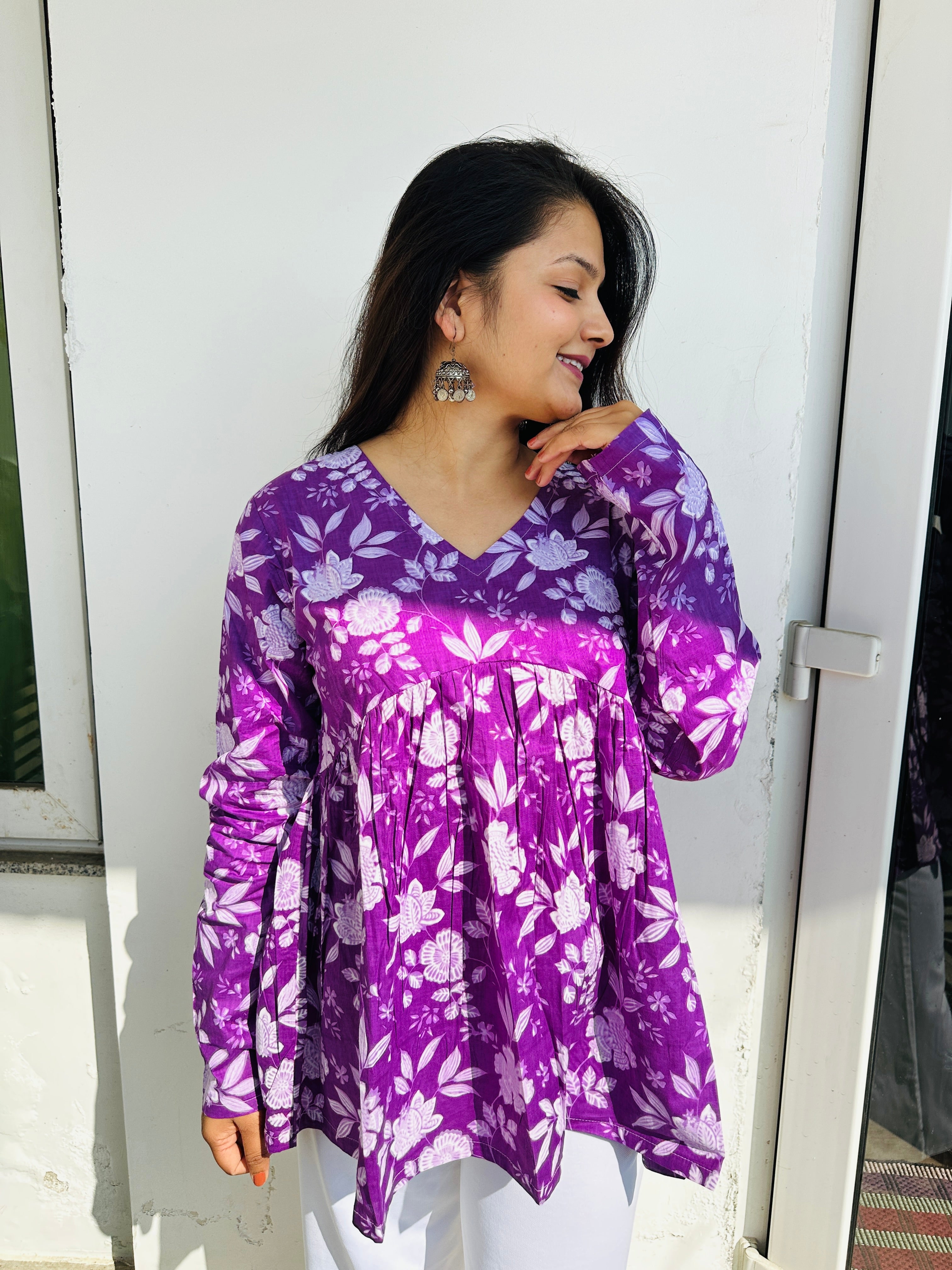 Purple Floral print Peplum Top