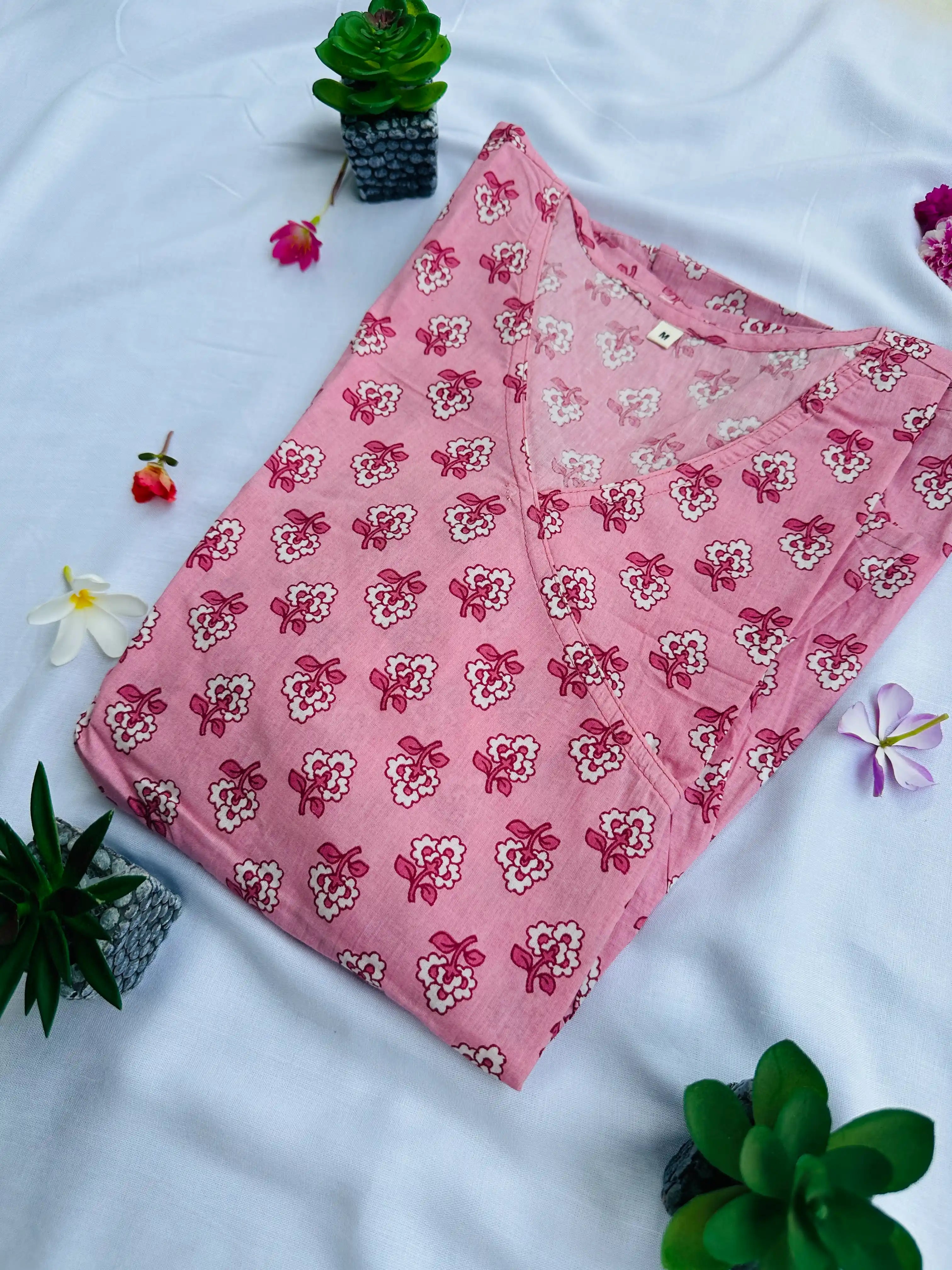 Pure Cotton Baby Pink Angrakha peplum Kurti : Flower Print