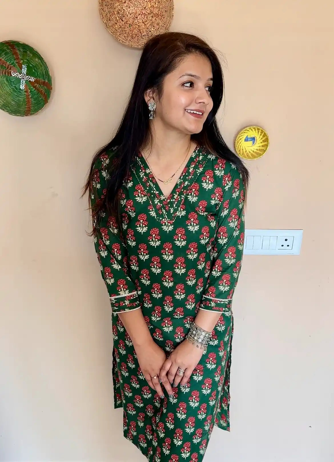 Regal Florals: Dark Green Jaipuri Print Long Kurti with V-Neck