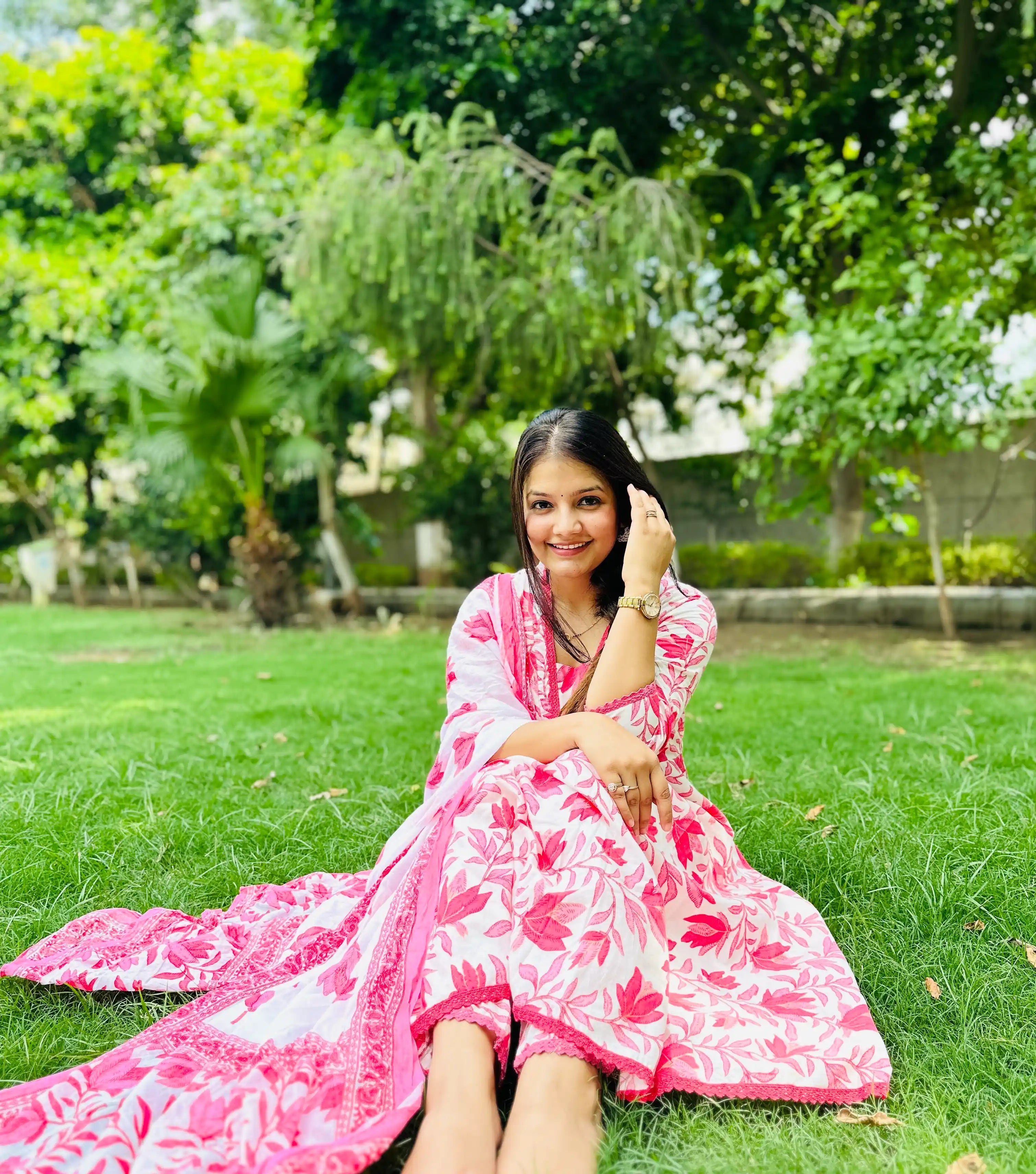 Floral Printed Anarkali Pure Cotton Kurta with Trousers & With Dupatta