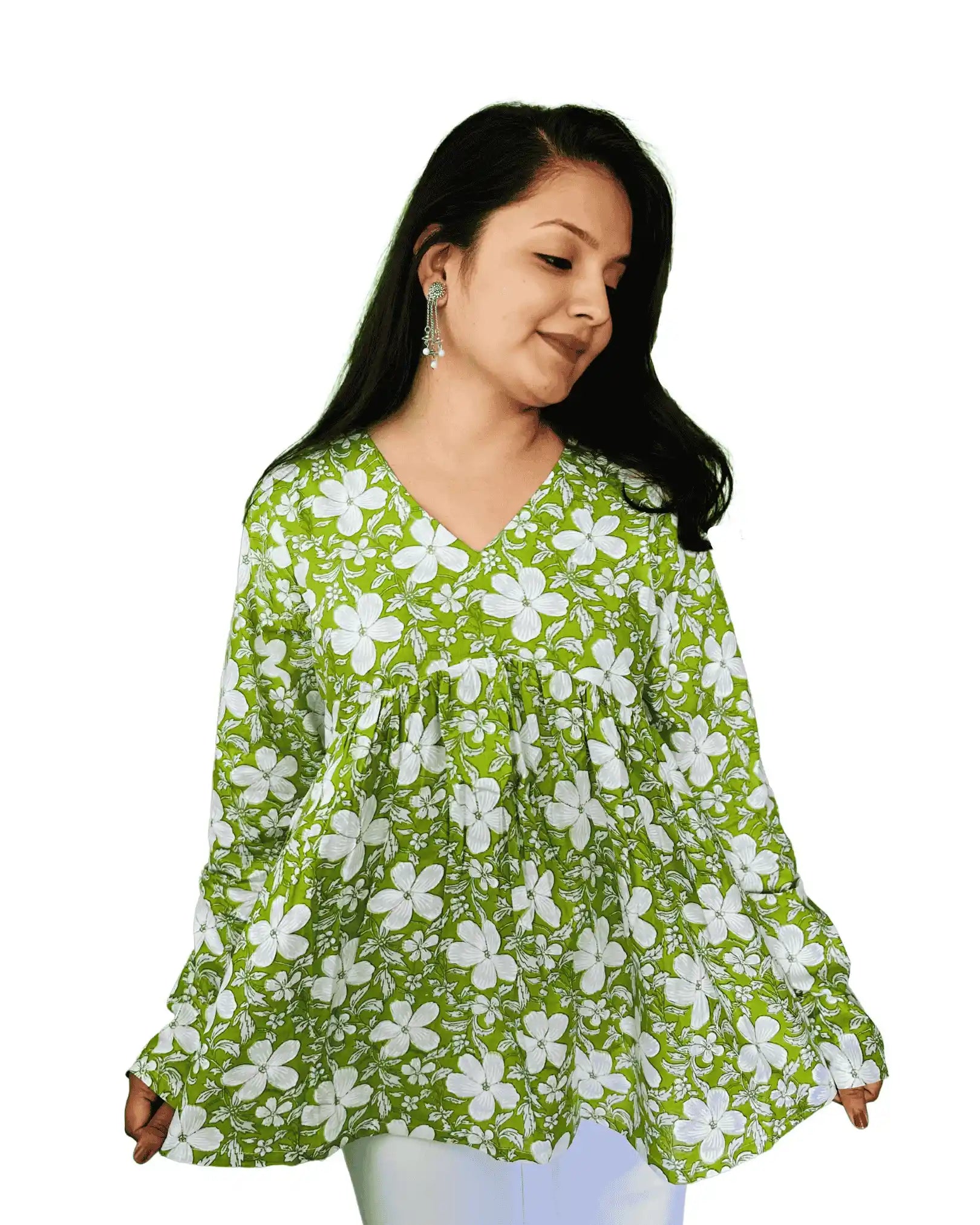 Green Floral Print Peplum Top