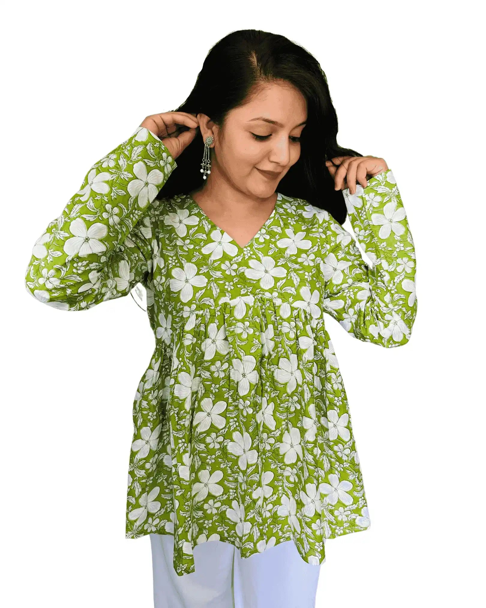 Green Floral Print Peplum Top