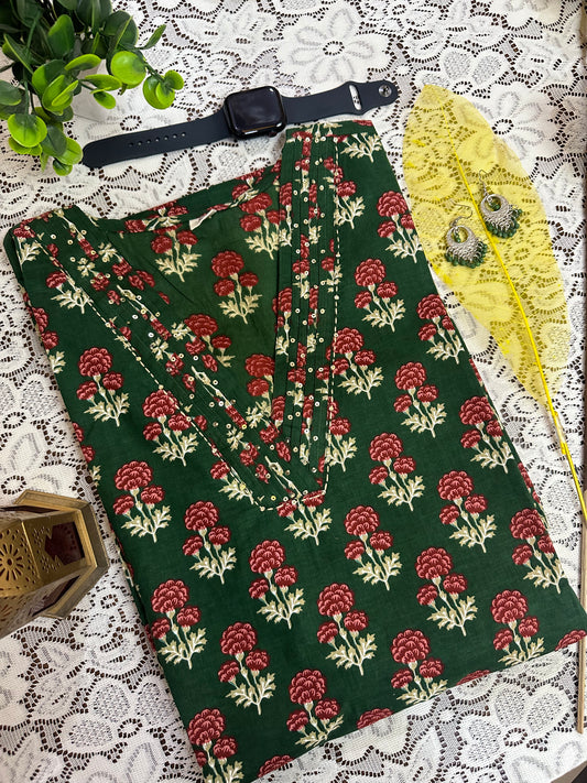 Regal Florals: Dark Green Jaipuri Print Long Kurti with V-Neck
