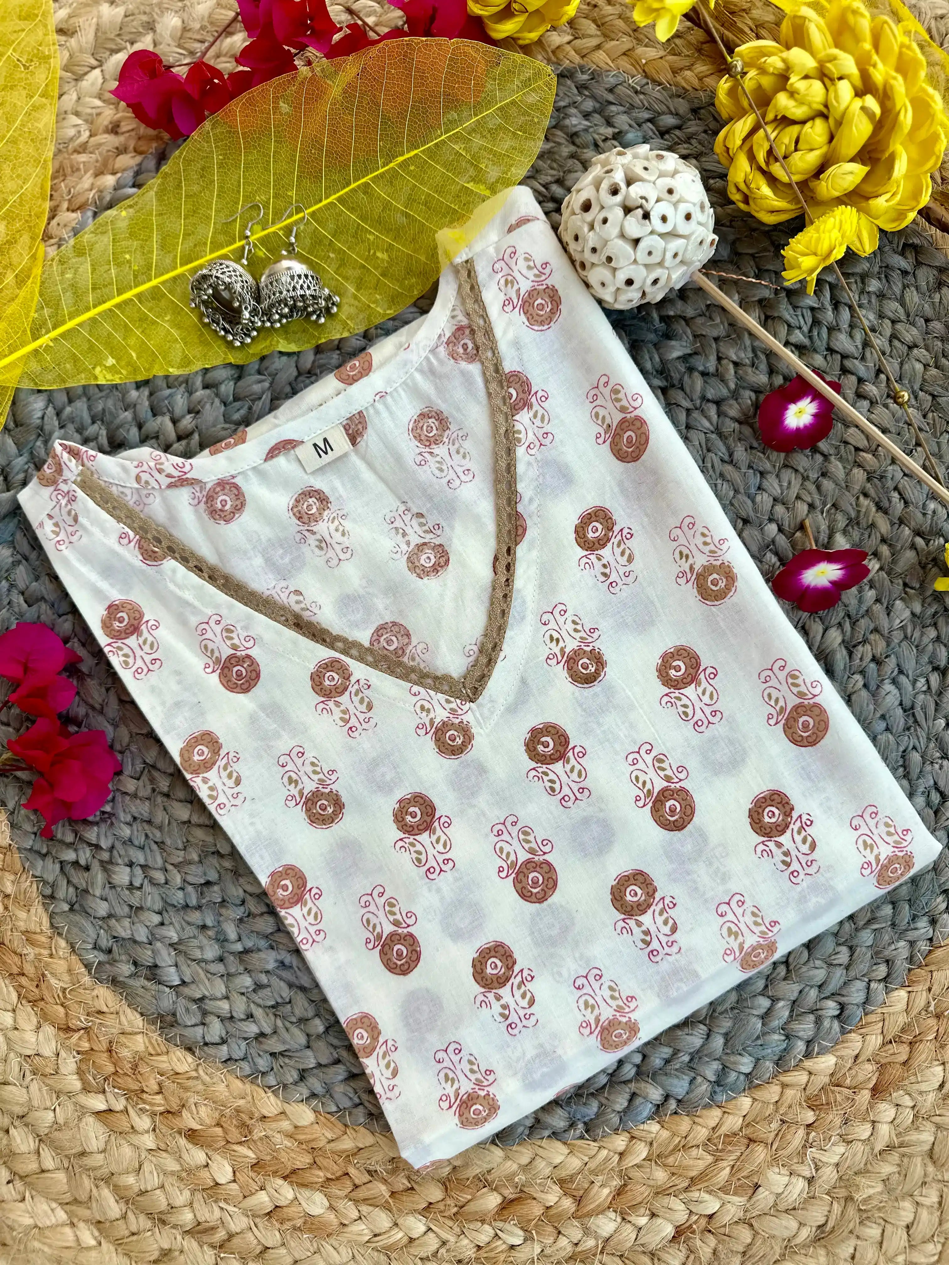 Floral Elegance: Off-White V neck Short Kurti