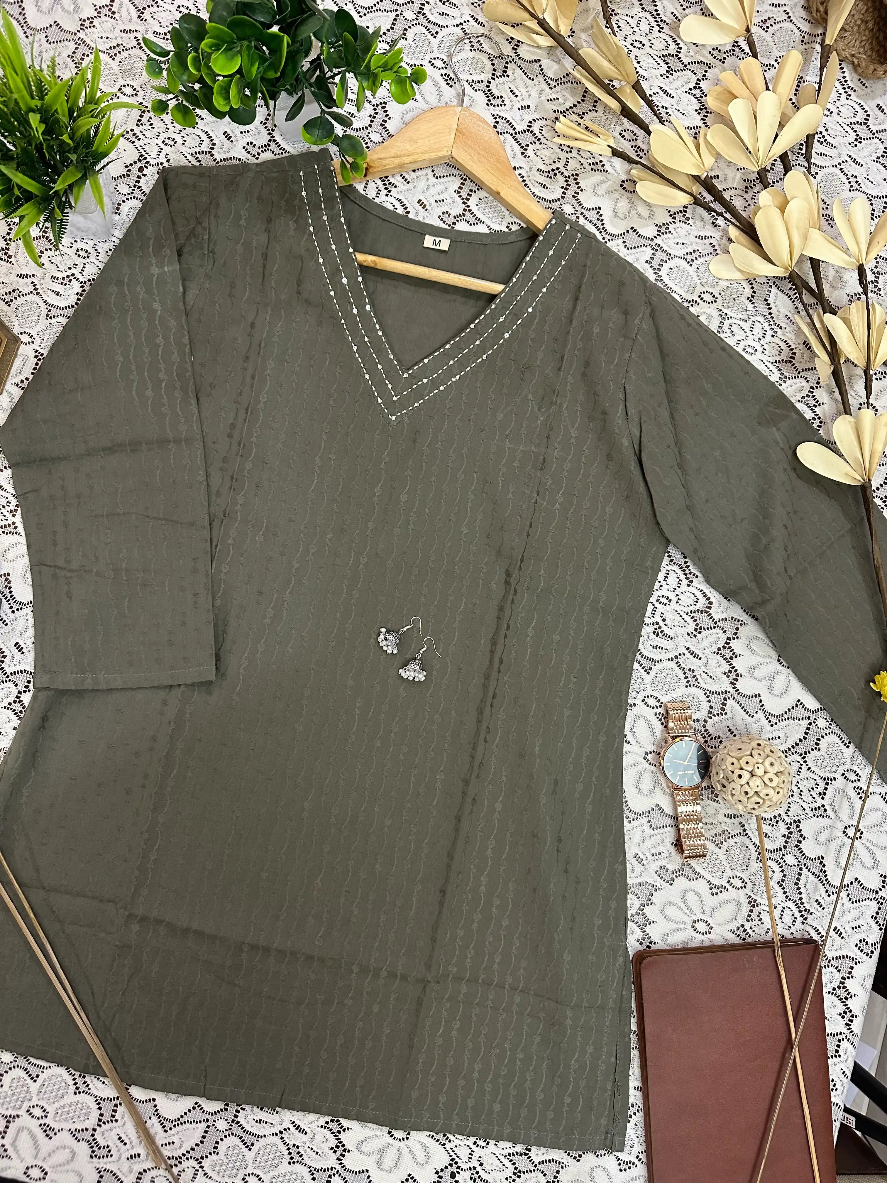 Elegant Essence: Pista Green Cotton Tunic with Neckline work