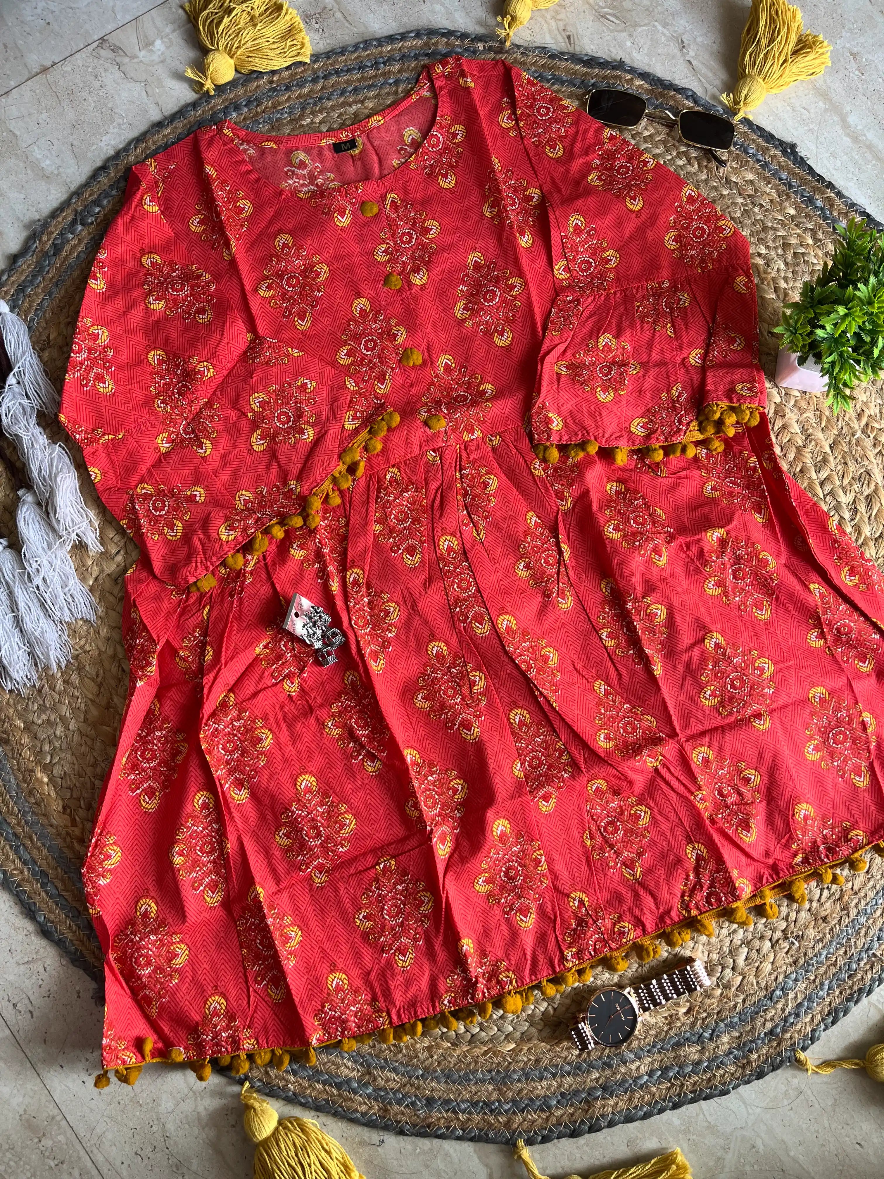 Fiery Fusion: Red Short Kurti with Vibrant Yellow Details