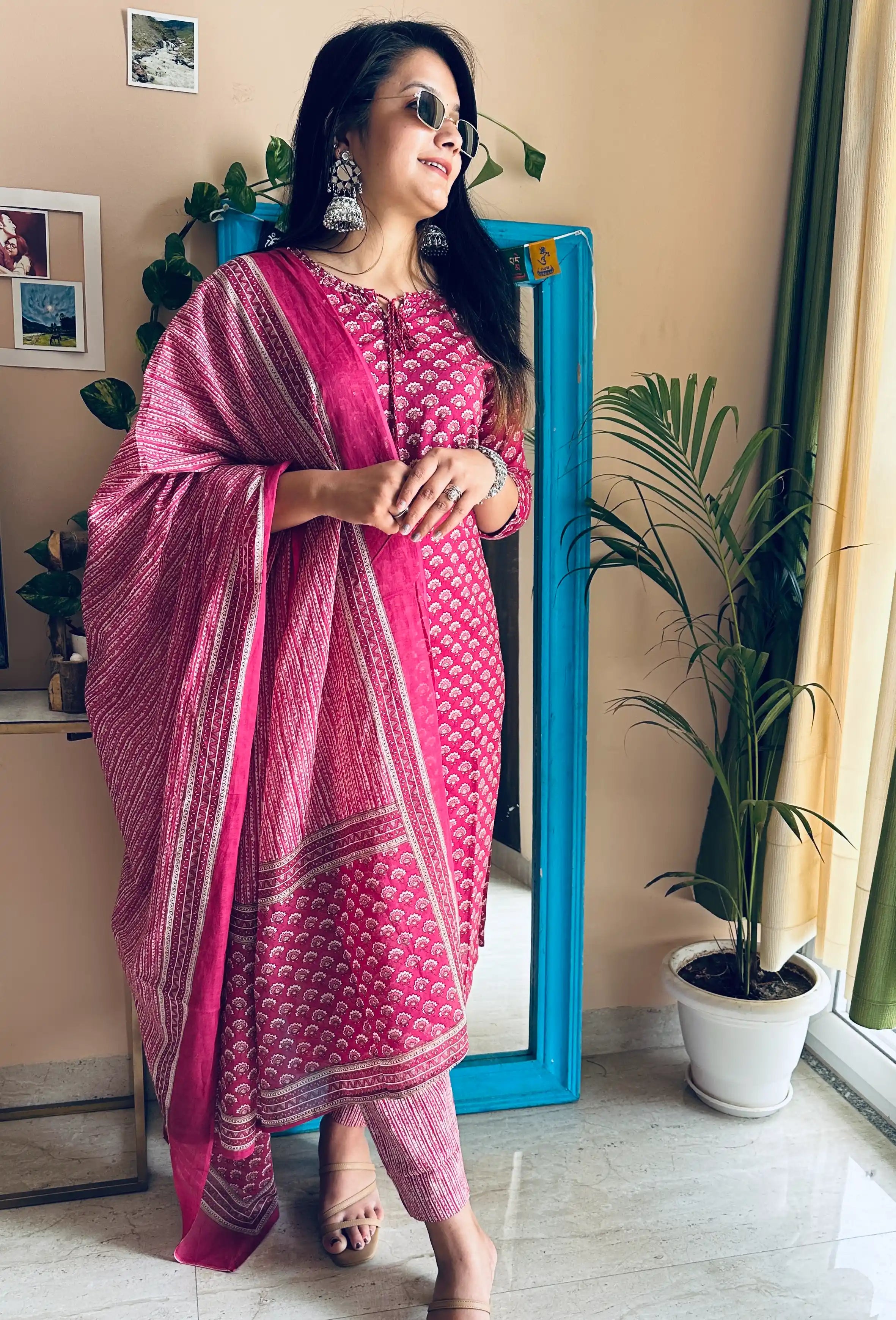 Vibrant Pink Jaipuri Charm: Complete Suit Set for Cultural Elegance