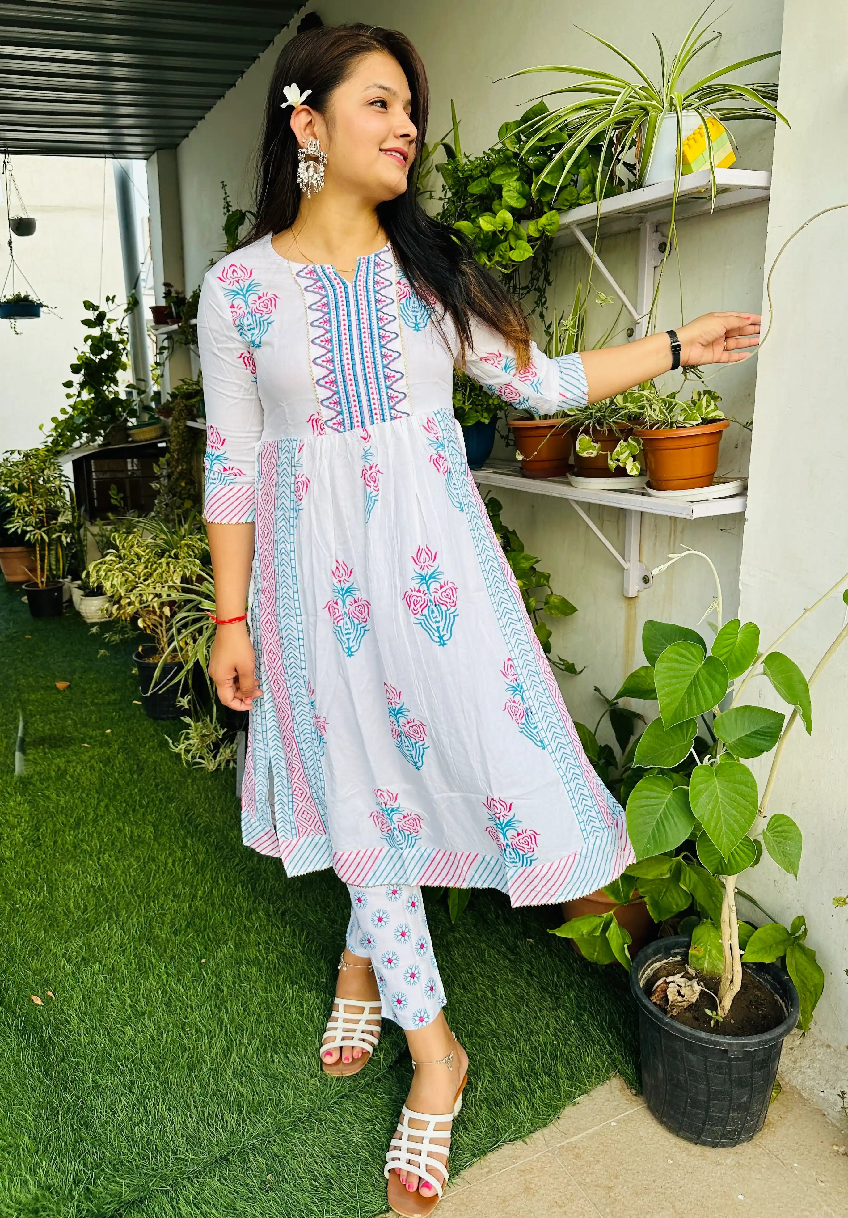 Timeless White printed  nayra cut Viscose Rayon Kurti Pant Set